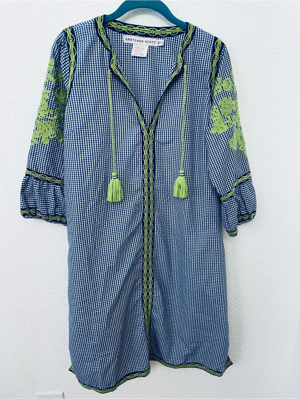 Gretchen Scott Designs Blue Gingham Dress with Bright Green Embroidery